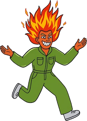 Fomo Bites mascot: a runner with flaming hair in a green jumpsuit